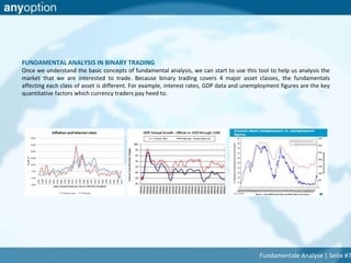 FUNDAMENTAL ANALYSIS IN BINARY TRADING
Once we understand the basic concepts of fundamental analysis, we can start to use this tool to help us analysis the
market that we are interested to trade. Because binary trading covers 4 major asset classes, the fundamentals
affecting each class of asset is different. For example, interest rates, GDP data and unemployment figures are the key
quantitative factors which currency traders pay heed to.
Fundamentale Analyse | Seite #7
 