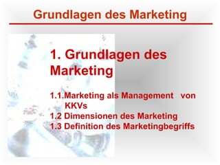 1. Grundlagen des  Marketing 1.1.Marketing als Management  von KKVs 1.2 Dimensionen des Marketing 1.3 Definition des Marketingbegriffs 