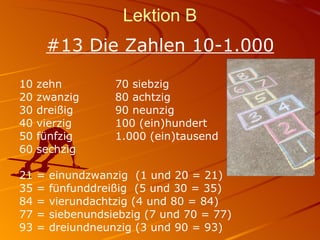 Lektion B #13 Die Zahlen 10-1.000 10 zehn 70 siebzig 20 zwanzig 80 achtzig 30 dreißig 90 neunzig 40 vierzig 100 (ein)hundert 50 fünfzig 1.000 (ein)tausend 60 sechzig 21 = einundzwanzig  (1 und 20 = 21) 35 = fünfunddreißig  (5 und 30 = 35) 84 = vierundachtzig (4 und 80 = 84) 77 = siebenundsiebzig (7 und 70 = 77) 93 = dreiundneunzig (3 und 90 = 93) 