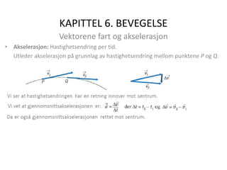 KAPITTEL 6. BEVEGELSE
Vektorene fart og akselerasjon
• Akselerasjon: Hastighetsendring per tid.
Utleder akselerasjon på grunnlag av hastighetsendring mellom punktene P og Q.
 