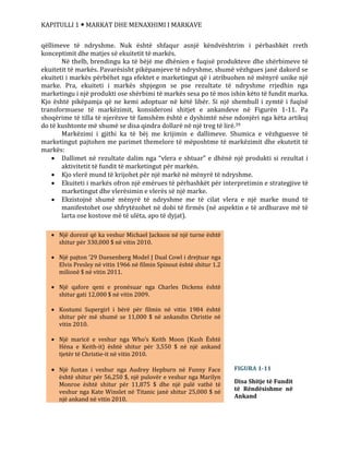 KAPITULLI 1  MARKAT DHE MENAXHIMI I MARKAVE
qëllimeve të ndryshme. Nuk është shfaqur asnjë këndvështrim i përbashkët rreth
konceptimit dhe matjes së ekuitetit të markës.
Në thelb, brendingu ka të bëjë me dhënien e fuqisë produkteve dhe shërbimeve të
ekuitetit të markës. Pavarësisht pikëpamjeve të ndryshme, shumë vëzhgues janë dakord se
ekuiteti i markës përbëhet nga efektet e marketingut që i atribuohen në mënyrë unike një
marke. Pra, ekuiteti i markës shpjegon se pse rezultate të ndryshme rrjedhin nga
marketingu i një produkti ose shërbimi të markës sesa po të mos ishin këto të fundit marka.
Kjo është pikëpamja që ne kemi adoptuar në këtë libër. Si një shembull i zymtë i fuqisë
transformuese të markëzimit, konsideroni shitjet e ankandeve në Figurën 1-11. Pa
shoqërime të tilla të njerëzve të famshëm është e dyshimtë nëse ndonjëri nga këta artikuj
do të kushtonte më shumë se disa qindra dollarë në një treg të lirë.39
Markëzimi i gjithi ka të bëj me krijimin e dallimeve. Shumica e vëzhguesve të
marketingut pajtohen me parimet themelore të mëposhtme të markëzimit dhe ekutetit të
markës:
 Dallimet në rezultate dalim nga “vlera e shtuar” e dhënë një produkti si rezultat i
aktivitetit të fundit të marketingut për markën.
 Kjo vlerë mund të krijohet për një markë në mënyrë të ndryshme.
 Ekuiteti i markës ofron një emërues të përbashkët për interpretimin e strategjive të
marketingut dhe vlerësimin e vlerës së një marke.
 Ekzistojnë shumë mënyrë të ndryshme me të cilat vlera e një marke mund të
manifestohet ose shfrytëzohet në dobi të firmës (në aspektin e të ardhurave më të
larta ose kostove më të ulëta, apo të dyjat).
 Një dorezë që ka veshur Michael Jackson në një turne është
shitur për 330,000 $ në vitin 2010.
 Një pajton ’29 Duesenberg Model J Dual Cowl i drejtuar nga
Elvis Presley në vitin 1966 në filmin Spinout është shitur 1.2
milionë $ në vitin 2011.
 Një qafore qeni e pronësuar nga Charles Dickens është
shitur gati 12,000 $ në vitin 2009.
 Kostumi Supergirl i bërë për filmin në vitin 1984 është
shitur për më shumë se 11,000 $ në ankandin Christie në
vitin 2010.
 Një maricë e veshur nga Who’s Keith Moon (Kush Është
Hëna e Keith-it) është shitur për 3,550 $ në një ankand
tjetër të Christie-it në vitin 2010.
 Një fustan i veshur nga Audrey Hepburn në Funny Face
është shitur për 56,250 $, një pulovër e veshur nga Marilyn
Monroe është shitur për 11,875 $ dhe një palë vathë të
veshur nga Kate Winslet në Titanic janë shitur 25,000 $ në
një ankand në vitin 2010.
FIGURA 1-11
Disa Shitje të Fundit
të Rëndësishme në
Ankand
 