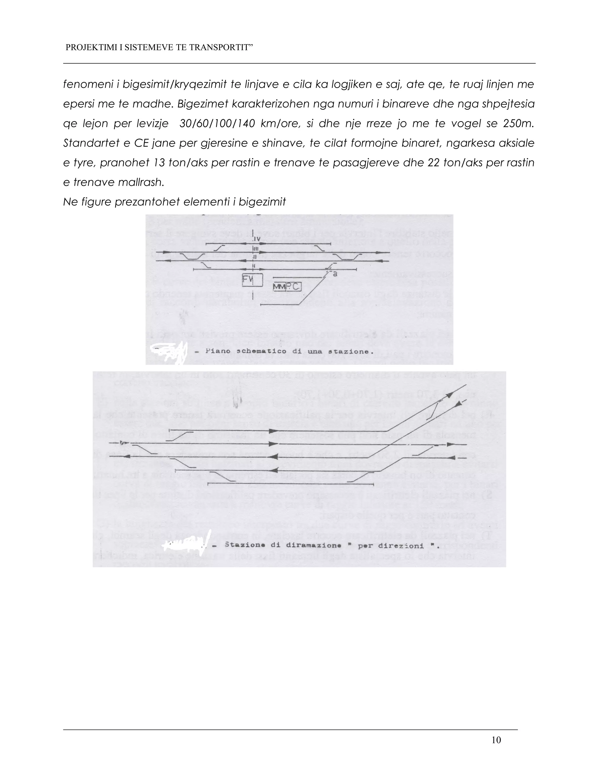 PROJEKTIMI I SISTEMEVE TE TRANSPORTIT”
fenomeni i bigesimit/kryqezimit te linjave e cila ka logjiken e saj, ate qe, te ruaj linjen me
epersi me te madhe. Bigezimet karakterizohen nga numuri i binareve dhe nga shpejtesia
qe lejon per levizje 30/60/100/140 km/ore, si dhe nje rreze jo me te vogel se 250m.
Standartet e CE jane per gjeresine e shinave, te cilat formojne binaret, ngarkesa aksiale
e tyre, pranohet 13 ton/aks per rastin e trenave te pasagjereve dhe 22 ton/aks per rastin
e trenave mallrash.
Ne figure prezantohet elementi i bigezimit
10
 