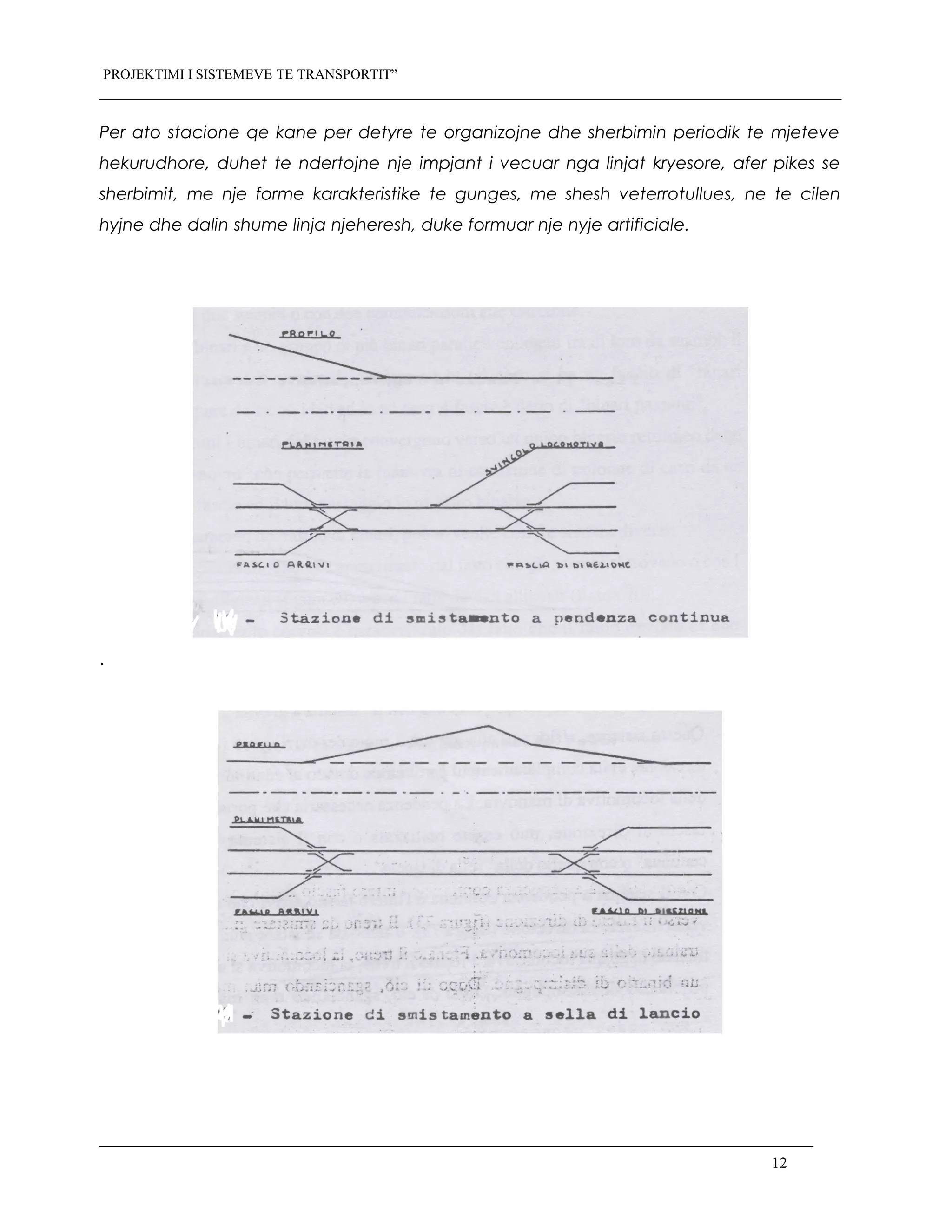 PROJEKTIMI I SISTEMEVE TE TRANSPORTIT”
Per ato stacione qe kane per detyre te organizojne dhe sherbimin periodik te mjeteve
hekurudhore, duhet te ndertojne nje impjant i vecuar nga linjat kryesore, afer pikes se
sherbimit, me nje forme karakteristike te gunges, me shesh veterrotullues, ne te cilen
hyjne dhe dalin shume linja njeheresh, duke formuar nje nyje artificiale.
.
12
 
