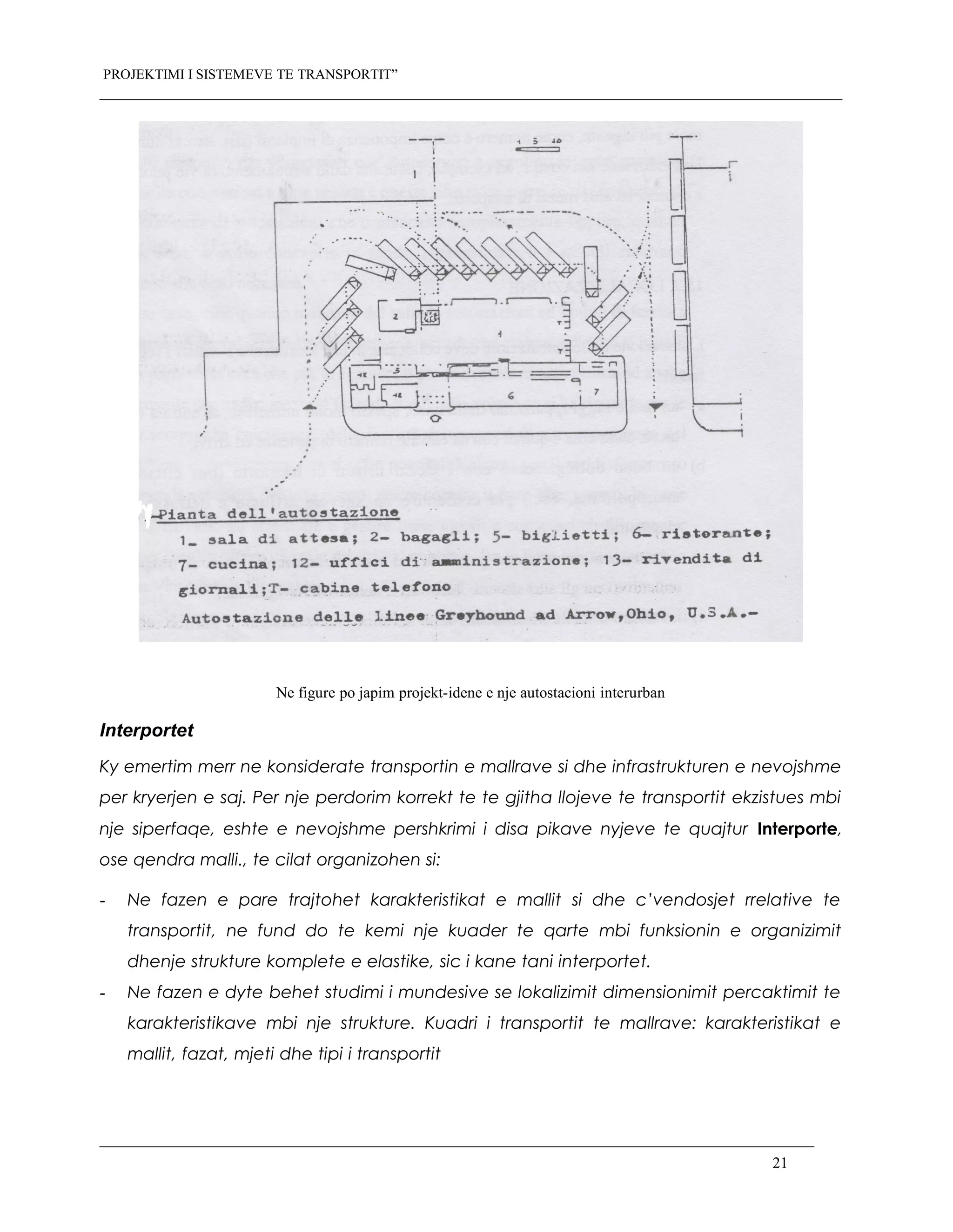 PROJEKTIMI I SISTEMEVE TE TRANSPORTIT”
Ne figure po japim projekt-idene e nje autostacioni interurban
Interportet
Ky emertim merr ne konsiderate transportin e mallrave si dhe infrastrukturen e nevojshme
per kryerjen e saj. Per nje perdorim korrekt te te gjitha llojeve te transportit ekzistues mbi
nje siperfaqe, eshte e nevojshme pershkrimi i disa pikave nyjeve te quajtur Interporte,
ose qendra malli., te cilat organizohen si:
- Ne fazen e pare trajtohet karakteristikat e mallit si dhe c’vendosjet rrelative te
transportit, ne fund do te kemi nje kuader te qarte mbi funksionin e organizimit
dhenje strukture komplete e elastike, sic i kane tani interportet.
- Ne fazen e dyte behet studimi i mundesive se lokalizimit dimensionimit percaktimit te
karakteristikave mbi nje strukture. Kuadri i transportit te mallrave: karakteristikat e
mallit, fazat, mjeti dhe tipi i transportit
21
 
