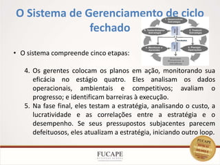 O Sistema de Gerenciamento de ciclo
fechado
12
• O sistema compreende cinco etapas:
4. Os gerentes colocam os planos em ação, monitorando sua
eficácia no estágio quatro. Eles analisam os dados
operacionais, ambientais e competitivos; avaliam o
progresso; e identificam barreiras à execução.
5. Na fase final, eles testam a estratégia, analisando o custo, a
lucratividade e as correlações entre a estratégia e o
desempenho. Se seus pressupostos subjacentes parecem
defeituosos, eles atualizam a estratégia, iniciando outro loop.
 
