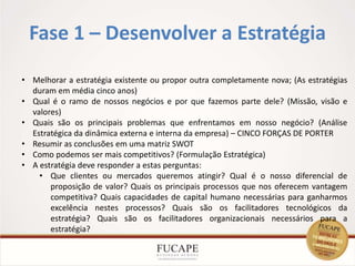 Fase 1 – Desenvolver a Estratégia
14
• Melhorar a estratégia existente ou propor outra completamente nova; (As estratégias
duram em média cinco anos)
• Qual é o ramo de nossos negócios e por que fazemos parte dele? (Missão, visão e
valores)
• Quais são os principais problemas que enfrentamos em nosso negócio? (Análise
Estratégica da dinâmica externa e interna da empresa) – CINCO FORÇAS DE PORTER
• Resumir as conclusões em uma matriz SWOT
• Como podemos ser mais competitivos? (Formulação Estratégica)
• A estratégia deve responder a estas perguntas:
• Que clientes ou mercados queremos atingir? Qual é o nosso diferencial de
proposição de valor? Quais os principais processos que nos oferecem vantagem
competitiva? Quais capacidades de capital humano necessárias para ganharmos
excelência nestes processos? Quais são os facilitadores tecnológicos da
estratégia? Quais são os facilitadores organizacionais necessários para a
estratégia?
 