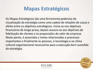 Mapas Estratégicos
17
Os Mapas Estratégicos são uma ferramenta poderosa de
visualização da estratégia como uma cadeia de relações de causa e
efeito entre os objetivos estratégicos. Inicia-se nos objetivos
financeiros de longo prazo, depois associa-se aos objetivos de
fidelização de clientes e às proposições de valor da empresa.
Neste ponto, é associada a metas relacionadas a processos
importantes e finalmente às pessoas, à tecnologia e ao clima
cultural organizacional necessários para a execução bem-sucedida
da estratégia.
 