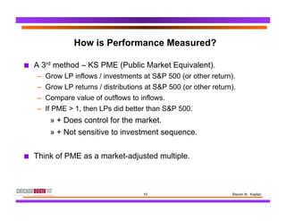 10 Steven N. Kaplan
How is Performance Measured?
■  A 3rd method – KS PME (Public Market Equivalent).
–  Grow LP inflows /...