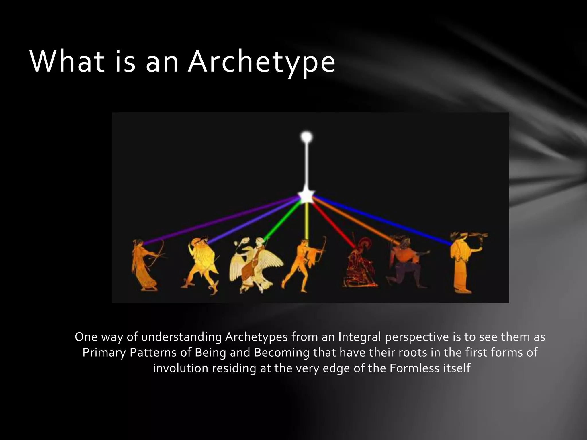 One way of understanding Archetypes from an Integral perspective is to see them as
Primary Patterns of Being and Becoming that have their roots in the first forms of
involution residing at the very edge of the Formless itself
What is an Archetype
 