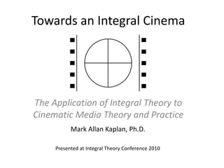 Towards an Integral Cinema
The Application of Integral Theory to
Cinematic Media Theory and Practice
Mark Allan Kaplan, Ph.D.
Presented at Integral Theory Conference 2010
 