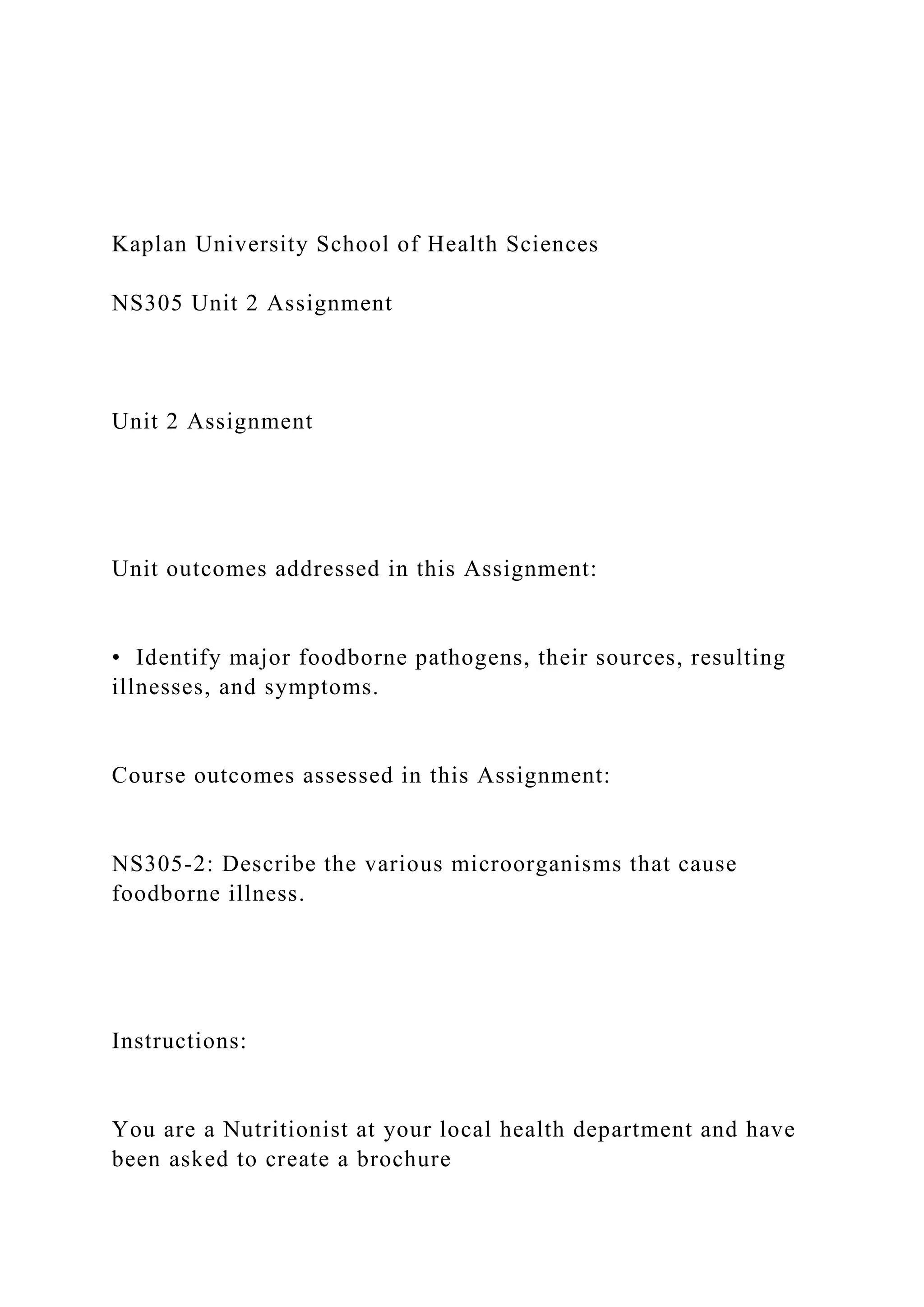 Kaplan University School of Health Sciences NS305 Unit 2 A.docx