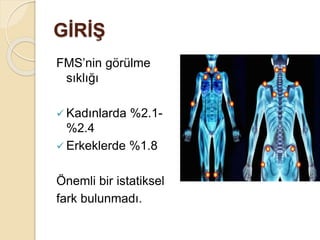 GİRİŞ
FMS’nin görülme
sıklığı
 Kadınlarda %2.1-
%2.4
 Erkeklerde %1.8
Önemli bir istatiksel
fark bulunmadı.
 