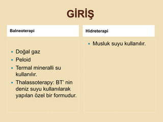 GİRİŞ
Balneoterapi Hidreterapi
 Doğal gaz
 Peloid
 Termal mineralli su
kullanılır.
 Thalassoterapy: BT’ nin
deniz suyu kullanılarak
yapılan özel bir formudur.
 Musluk suyu kullanılır.
 