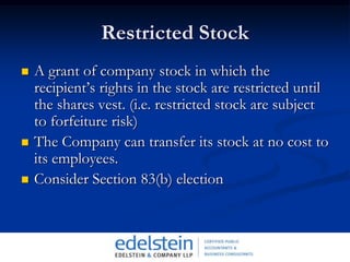 Incentive Stock Options	RequirementsThe option is granted pursuant to a plan.The option is granted within 10 years of adoption or shareholder approval.The exercise price equals or exceeds the fair market value at the time the option is granted.The option is nontransferable 	The option is granted to an employee who owns no more than 10% of the Corporation.