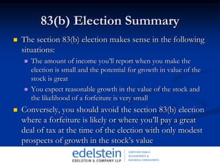 Stock Option ExampleISO:An employee is granted an ISO on March 1st 2010 to purchase 1,000 shares in his/her company for $10/share, the current market price of the stock. The option is redeemable one year from the grant date and expires March 1st 2020NQSO:Same as above, however the NQSO is granted at a discounted rate of $8/share.For both examples assume the employee exercises his/her option for all 1,000 shares on July 1, 2011 when the shares are trading at $15/share.