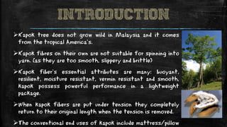 INTRODUCTION
Kapok tree does not grow wild in Malaysia and it comes
from the tropical America's.
Kapok fibres on their own are not suitable for spinning into
yarn. (as they are too smooth, slippery and brittle)
Kapok fiber's essential attributes are many: buoyant,
resilient, moisture resistant, vermin resistant and smooth,
kapok possess powerful performance in a lightweight
package.
When kapok fibers are put under tension they completely
return to their original length when the tension is removed.
The conventional end uses of kapok include mattress/pillow
 