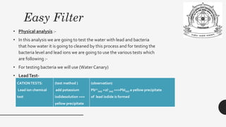 Easy Filter
• Physical analysis :-
• In this analysis we are going to test the water with lead and bacteria
that how water it is going to cleaned by this process and for testing the
bacteria level and lead ions we are going to use the various tests which
are following :-
• For testing bacteria we will use (Water Canary)
• LeadTest-
CATIONTESTS:
Lead ion chemical
test
(test method )
add potassium
iodidesolution ==>
yellow precipitate
(observation)
Pb2+
(aq) +2I–
(aq) ==>PbI2(s) a yellow precipitate
of lead iodide is formed
 