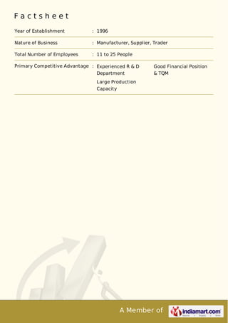 A Member of
F a c t s h e e t
Year of Establishment : 1996
Nature of Business : Manufacturer, Supplier, Trader
Total Number of Employees : 11 to 25 People
Primary Competitive Advantage : Experienced R & D
Department
Good Financial Position
& TQM
Large Production
Capacity
 