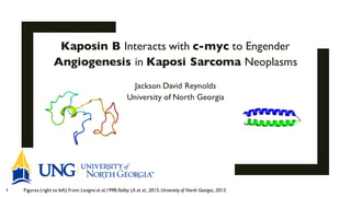 Jackson David Reynolds
University of North Georgia
Kaposin B Interacts with c-myc to Engender
Angiogenesis in Kaposi Sarcoma Neoplasms
Figures (right to left) from:Lavigne et al,1998;Kelley LA et al., 2015; University of North Georgia, 2013.1
 