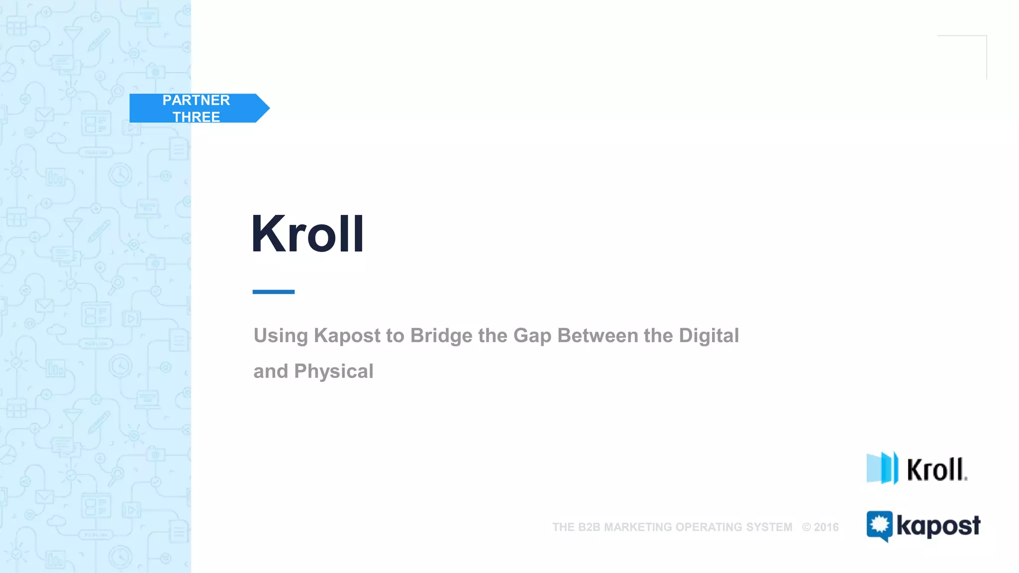THE B2B MARKETING OPERATING SYSTEM © 2016
Using Kapost to Bridge the Gap Between the Digital
and Physical
PARTNER
THREE
Kroll
 