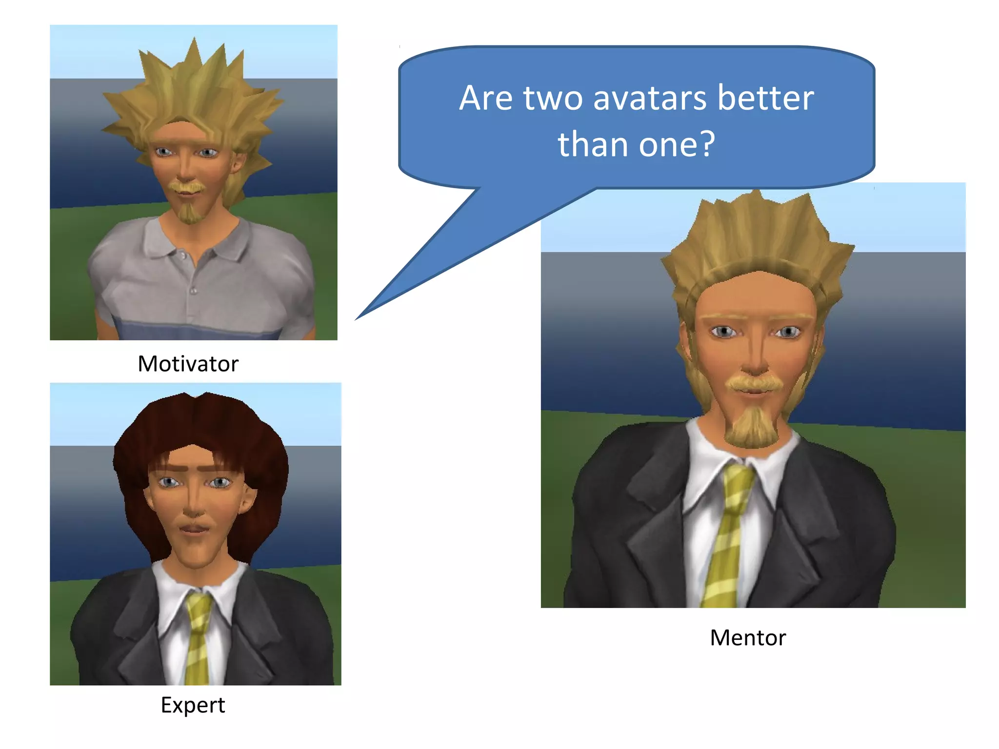 Are two avatars better
                  than one?




Motivator




                           Mentor

  Expert
 