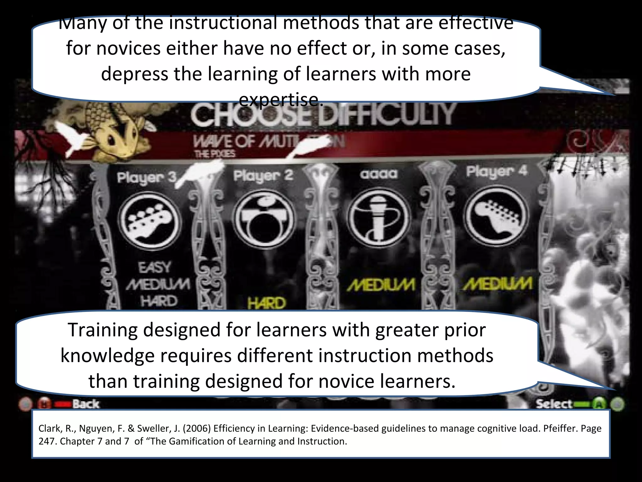 Many of the instructional methods that are effective
    for novices either have no effect or, in some cases,
        depress the learning of learners with more
                         expertise.




      Training designed for learners with greater prior
     knowledge requires different instruction methods
        than training designed for novice learners.

Clark, R., Nguyen, F. & Sweller, J. (2006) Efficiency in Learning: Evidence-based guidelines to manage cognitive load. Pfeiffer. Page
Clark, R., Nguyen, F. & Sweller, J. (2006) Efficiency in Learning: Evidence-based guidelines to manage cognitive load. Pfeiffer. Page
247. Chapter 7 and 7 of “The Gamification of Learning and Instruction.
247. Chapter 7 and 7 of “The Gamification of Learning and Instruction.
 