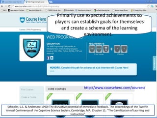 Primarily use expected achievements so
                                      players can establish goals for themselves
                                         and create a schema of the learning
                                                    environment.




                                                             http://www.coursehero.com/courses/



 Schooler, L.J., & Anderson (1990) The disruptive potential of immediate feedback. The proceedings of the Twelfth
Annual Conference of the Cognitive Science Society, Cambridge, MA. Chapter 11: “The Gamification of Learning and
                                                    Instruction”
 