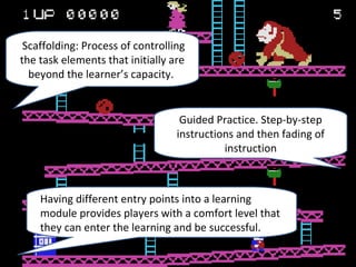 Scaffolding: Process of controlling
the task elements that initially are
  beyond the learner’s capacity.


                                   Guided Practice. Step-by-step
                                  instructions and then fading of
                                            instruction



    Having different entry points into a learning
    module provides players with a comfort level that
    they can enter the learning and be successful.
 