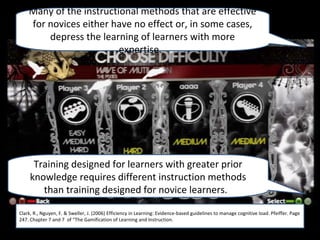 Many of the instructional methods that are effective
    for novices either have no effect or, in some cases,
        depress the learning of learners with more
                         expertise.




      Training designed for learners with greater prior
     knowledge requires different instruction methods
        than training designed for novice learners.

Clark, R., Nguyen, F. & Sweller, J. (2006) Efficiency in Learning: Evidence-based guidelines to manage cognitive load. Pfeiffer. Page
Clark, R., Nguyen, F. & Sweller, J. (2006) Efficiency in Learning: Evidence-based guidelines to manage cognitive load. Pfeiffer. Page
247. Chapter 7 and 7 of “The Gamification of Learning and Instruction.
247. Chapter 7 and 7 of “The Gamification of Learning and Instruction.
 