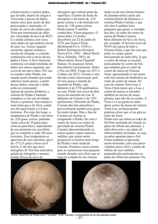 ­ 27 ­
Boletim Astronomico KAPPA CRUCIS ­ No. 1 ­ Primavera 2017
coletou muitos e muitos dados,
que levarão, depois de chegar à
Terra todo o pacote de dados,
muitos anos para serem de fato
processados e analisados. O
tempo de envio dos dados para
Terra por transmissão de rádio
(na velocidade da luz) é de 4h25.
E a sonda coletara cem vezes
mais dados do que poderia enviar
de uma vez. Assim, naquele
momento, apenas acabara a
missão de chegada, e a missão
continuaria com o envio desses
dados à Terra. A New Horizons
continuou enviando toneladas de
dados nos meses seguintes, por
cerca de um ano e meio. Por isso
os estudos sobre Plutão, um
mundo muito distante que ainda
sabemos muito pouco, a partir
desses dados, estavam e ainda
estão só começando!
Apesar da enorme distância, o
sistema de Plutão é bastante
complexo e rico em atividades
físicas e químicas. Sua rotação é
mais lenta que a da Terra, sendo
seu dia equivalente a 6,4 dias
terrestres. Por estar tão longe, a
temperatura de Plutão é em torno
de ­230 graus celsius, podendo
variar cerca de 10 graus para
cima ou para baixo, dependendo
de seu momento em sua órbita
que se completa a cada 248 anos
terrestres. Essa temperatura se
aproxima do zero absoluto, que é
de ­273,15 graus celsius ou 0
kelvin. É tão frio que neva
nitrogênio lá! Sua fina atmosfera
gelada de nitrogênio e metano
produz flocos de neve de
nitrogênio que cobrem parte da
superfície. O ponto de fusão do
nitrogênio é em torno de ­210
graus celsius e o de ebulição em
torno de ­196 graus celsius.
Plutão possui 5 satélites
conhecidos, 4 bem pequenos. O
maior deles é Caronte,
descoberto em 22 de junho de
1978, por James Christy
(Richmond­EUA, 1938­) e
Robert Harrington (Newport
News­EUA, 1942 – Black Birch­
Nova Zelândia, 1993), do
Observatório Naval Flagstaff
Station. Os pequenos foram
descobertos recentemente. Hidra
e Nix em 2005, Estige em 2011 e
Cérbero em 2012. Caronte é sem
dúvida o mais interessante, pois
ele tem quase a metade do
tamanho de Plutão, cujo
diâmetro é de 2730 quilômetros,
ou seja, Plutão tem cerca de dois
terços do tamanho da Lua. O
diâmetro de Caronte é de 1207
quilômetros. Diferente de Plutão,
Caronte não tem atmosfera e
provavelmente perdeu seus gases
há muito tempo. Mas o fato de
Caronte ser enorme se
comparado a Plutão, faz com o
centro de massa ou centro de
gravidade do sistema Plutão­
Caronte (desconsiderando os
outros quatro corpos menores,
satélites, por serem muito
pequenos) se localize bem longe
de Plutão e mais ainda de
Caronte. Portanto o mais correto
para se caracterizar esse pequeno
mundo distante seria dizer que se
trata na verdade de um sistema
duplo ou de um sistema binário
de planetas­anões (antes um
sistema binário de planetas), o
sistema Plutão­Caronte, e que
eles têm 4 satélites bem
pequenos que giram, a exemplo
dos dois, ao redor do centro de
massa de Plutão­Caronte.
Bem diferente do Sol e da Terra,
por exemplo. O Sol tem cerca de
99,8% da massa de todo o
Sistema Solar, o que faz com que
todos os corpos girem
basicamente ao redor dele, já que
o centro de massa se localiza
praticamente no centro do Sol,
que também gira ao redor do
centro de massa do Sistema
Solar, apresentando aí um muito
sutil movimento de bamboleio ao
redor do centro de massa. No
caso do sistema Terra­Lua, a
Terra é bem maior que a Lua, o
centro de massa se encontra
também no núcleo do nosso
planeta, mas não tão no centro. A
Terra e a Lua giram ao redor
desse centro de massa do sistema
Terra­Lua, ou basicamente
podemos dizer que a Lua gira ao
redor da Terra.
Plutão tem sua órbita ao redor do
Sol bem inclinada em relação ao
plano de órbitas dos planetas, e
além disso tem o seu plano de
órbita também inclinado, ou seja,
os polos apontam para o Sol.
Urano também se apresenta
assim inclinado, com seus polos
voltados para o Sol e o plano de
órbitas de seus satélites
perpendicular praticamente ao
plano de órbita dos planetas. Ou
Acima: Superficie de Plutão com o "coração" ­ a dir.: Caronte: a companheira do rei dos planetas anões
 