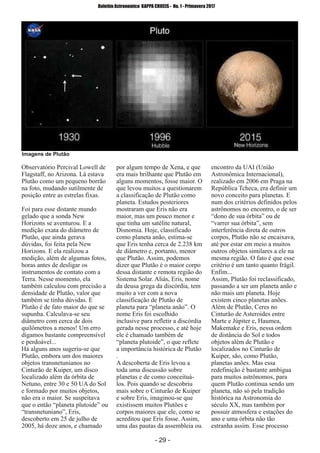 ­ 29 ­
Boletim Astronomico KAPPA CRUCIS ­ No. 1 ­ Primavera 2017
Observatório Percival Lowell de
Flagstaff, no Arizona. Lá estava
Plutão como um pequeno borrão
na foto, mudando sutilmente de
posição entre as estrelas fixas.
Foi para esse distante mundo
gelado que a sonda New
Horizons se aventurou. E a
medição exata do diâmetro de
Plutão, que ainda gerava
dúvidas, foi feita pela New
Horizons. E ela realizou a
medição, além de algumas fotos,
horas antes de desligar os
instrumentos de contato com a
Terra. Nesse momento, ela
também calculou com precisão a
densidade de Plutão, valor que
também se tinha dúvidas. E
Plutão é de fato maior do que se
supunha. Calculava­se seu
diâmetro com cerca de dois
quilômetros a menos! Um erro
digamos bastante compreensível
e perdoável...
Há alguns anos sugeriu­se que
Plutão, embora um dos maiores
objetos transnetunianos no
Cinturão de Kuiper, um disco
localizado além da órbita de
Netuno, entre 30 e 50 UA do Sol
e formado por muitos objetos,
não era o maior. Se suspeitava
que o então “planeta plutoide” ou
“transnetuniano”, Eris,
descoberto em 25 de julho de
2005, há doze anos, e chamado
por algum tempo de Xena, e que
era mais brilhante que Plutão em
alguns momentos, fosse maior. O
que levou muitos a questionarem
a classificação de Plutão como
planeta. Estudos posteriores
mostraram que Eris não era
maior, mas um pouco menor e
que tinha um satélite natural,
Disnomia. Hoje, classificado
como planeta anão, estima­se
que Eris tenha cerca de 2.238 km
de diâmetro e, portanto, menor
que Plutão. Assim, podemos
dizer que Plutão é o maior corpo
dessa distante e remota região do
Sistema Solar. Aliás, Eris, nome
da deusa grega da discórdia, tem
muito a ver com a nova
classificação de Plutão de
planeta para “planeta anão”. O
nome Eris foi escolhido
inclusive para refletir a discórdia
gerada nesse processo, e até hoje
ele é chamado também de
“planeta plutoide”, o que reflete
a importância histórica de Plutão
.
A descoberta de Eris levou a
toda uma discussão sobre
planetas e de como conceituá­
los. Pois quando se descobriu
mais sobre o Cinturão de Kuiper
e sobre Eris, imaginou­se que
existissem muitos Plutões e
corpos maiores que ele, como se
acreditou que Eris fosse. Assim,
uma das pautas da assembleia ou
encontro da UAI (União
Astronômica Internacional),
realizado em 2006 em Praga na
República Tcheca, era definir um
novo conceito para planetas. E
num dos critérios definidos pelos
astrônomos no encontro, o de ser
“dono de sua órbita” ou de
“varrer sua órbita”, sem
interferência direta de outros
corpos, Plutão não se encaixava,
até por estar em meio a muitos
outros objetos similares a ele na
mesma região. O fato é que esse
critério é um tanto quanto frágil.
Enfim...
Assim, Plutão foi reclassificado,
passando a ser um planeta anão e
não mais um planeta. Hoje
existem cinco planetas anões.
Além de Plutão, Ceres no
Cinturão de Asteroides entre
Marte e Júpiter e, Haumea,
Makemake e Eris, nessa ordem
de distância do Sol e todos
objetos além de Plutão e
localizados no Cinturão de
Kuiper, são, como Plutão,
planetas anões. Mas essa
redefinição é bastante ambígua
para muitos astrônomos, para
quem Plutão continua sendo um
planeta, não só pela tradição
histórica na Astronomia do
século XX, mas também por
possuir atmosfera e estações do
ano e uma órbita não tão
estranha assim. Esse processo
Imagens de Plutão
 