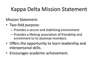 Kappa Delta Mission Statement
Mission Statement:
• Two-fold purpose:
  – Provides a secure and stabilizing environment
  – Provides a lifelong association of friendship and
    enrichment to its alumnae members.
• Offers the opportunity to learn leadership and
  interpersonal skills.
• Encourages academic achievement.
 
