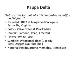 Kappa Delta
“Let us strive for that which is honorable, beautiful
  and highest.”
• Founded: 1897 at Longwood College in
  Farmville, Virginia.
• Colors: Olive Green & Pearl White
• Jewels: Diamond, Pearl, Emerald
• Flower: White Rose
• Symbols: Woodstock (local), Teddy
  Bear, Dagger, Nautilus Shell
• National Headquarters: Memphis, Tennessee
 