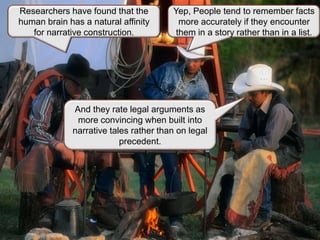 Researchers have found that the
human brain has a natural affinity
for narrative construction.
Yep, People tend to remember facts
more accurately if they encounter
them in a story rather than in a list.
And they rate legal arguments as
more convincing when built into
narrative tales rather than on legal
precedent.
 