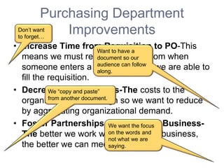 Purchasing Department
Improvements
• Increase Time from Requisition to PO-This
means we must reduce the time from when
someone enters a requisition until we are able to
fill the requisition.
• Decrease Overall Costs-The costs to the
organization are too high so we want to reduce
by aggregating organizational demand.
• Foster Partnerships with Lines of Business-
The better we work with the lines of business,
the better we can meet their needs.
Don’t want
to forget…
Want to have a
document so our
audience can follow
along.
We “copy and paste”
from another document.
We want the focus
on the words and
not what we are
saying.
 