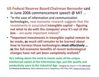 US Federal Reserve Board Chairman Bernanke said
in June 2006 commencement speech @ MIT …p @
• “In the case of information and communication 
technologies, new economic research suggests that the 
investments in associated intangible capital ‐‐ figuring 
out what to do with the computer once it's out of the 
box ‐‐ are quite important indeed ”box  are quite important indeed.   
• “Important investments in intangible capital remain to 
be made, as much still remains to be learned about 
how to harness these technologies most effectively … 
as the full economic benefits of recent technological 
changes have not yet been completely realized ”changes have not yet been completely realized.
He’s talking about the need to invent some of the unique 
intellectual capital of the Information Age, just like quality andintellectual capital of the Information Age, just like quality and 
productivity were to the Industrial Age. “Bridging the Chasm” in The SIM Guide 
to Enterprise Architecture, 2010, edited by Leon A. Kappelman, CRC Press, NYC, (www.crcpress.com).
 