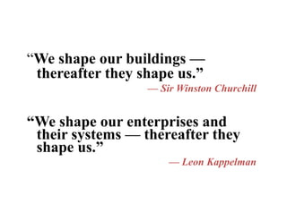 “We shape our buildings —
th ft th h ”thereafter they shape us.”
— Sir Winston Churchill
“We shape our enterprises andWe shape our enterprises and
their systems — thereafter they
shape us.”p
— Leon Kappelman
 