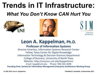 Trends in IT Infrastructure:
   What You Don’t Know CAN Hurt You




                       Leon A. Kappelman, Ph.D.
                                Professor of Information Systems
                                Professor of Information Systems
                  Director Emeritus, Information Systems Research Center
                  Director Emeritus, Information Systems Research Center
                         Fellow, Texas Center for Digital Knowledge
                         Fellow, Texas Center for Digital Knowledge
                  Information Technology & Decision Sciences 
                  Information Technology & Decision Sciences Department
                  Information Technology & Decision Sciences Department
                        College of Business, University of North Texas
                        Website: http://courses.unt.edu/kappelman/
                                Email: kapp@unt.edu     Phone: 940‐565‐4698 
                                         pp@
    Founding Chair, Society for Information Management Enterprise Architecture Working Group

© 1991‐2011 Leon A. Kappelman                                        TribalNet12, Scottsdale, 16‐November‐2011
 