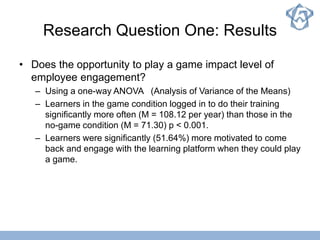 Research Question One: Results
• Does the opportunity to play a game impact level of
employee engagement?
– Using a one-way ANOVA (Analysis of Variance of the Means)
– Learners in the game condition logged in to do their training
significantly more often (M = 108.12 per year) than those in the
no-game condition (M = 71.30) p < 0.001.
– Learners were significantly (51.64%) more motivated to come
back and engage with the learning platform when they could play
a game.
 