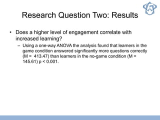 Research Question Two: Results
• Does a higher level of engagement correlate with
increased learning?
– Using a one-way ANOVA the analysis found that learners in the
game condition answered significantly more questions correctly
(M = 413.47) than learners in the no-game condition (M =
145.61) p < 0.001.
 