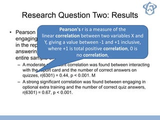 Research Question Two: Results
• Pearson correlation was used to determine if voluntarily
engaging with the optional learning opportunities found
in the report card and extra training correlated to
answering more quiz questions correctly across the
entire sample of learners.
– A moderate significant correlation was found between interacting
with the report card and the number of correct answers on
quizzes, r(6301) = 0.44, p < 0.001. M
– A strong significant correlation was found between engaging in
optional extra training and the number of correct quiz answers,
r(6301) = 0.67, p < 0.001.
Pearson's r is a measure of the
linear correlation between two variables X and
Y, giving a value between -1 and +1 inclusive,
where +1 is total positive correlation, 0 is
no correlation,
 
