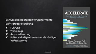 Schlüsselkompetenzen für performante
Softwarebereitstellung
✘ Führung
✘ Werkzeuge
✘ Automatisierung
✘ Kultur ständigen Lernens und ständiger
Verbesserung
@kitenco1
 