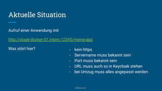 Aktuelle Situation
Aufruf einer Anwendung mit
http://stage-docker-01.intern:12345/meine-app
Was stört hier? - kein https
- Servername muss bekannt sein
- Port muss bekannt sein
- URL muss auch so in Keycloak stehen
- bei Umzug muss alles angepasst werden
@kitenco1
 