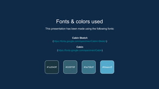 Fonts & colors used
This presentation has been made using the following fonts:
Cabin Sketch
(https://fonts.google.com/spec...