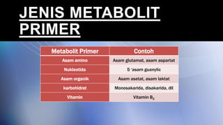 JENIS METABOLIT
PRIMER
Metabolit Primer Contoh
Asam amino Asam glutamat, asam aspartat
Nukleotida 5 ‘asam guanylic
Asam organik Asam asetat, asam laktat
karbohidrat Monosakarida, disakarida, dll
Vitamin Vitamin B2
 