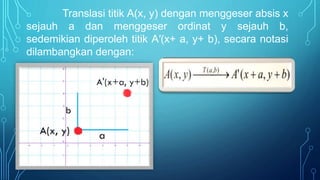 Translasi titik A(x, y) dengan menggeser absis x
sejauh a dan menggeser ordinat y sejauh b,
sedemikian diperoleh titik A′(x+ a, y+ b), secara notasi
dilambangkan dengan:
 