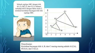 Sebuah segitiga ABC dengan titik
A(1,2), B(2,3), dan C(3,1) dilatasi
terhadap titik 0 dengan faktor skala 2.
tentukan koordinat bayangan titik-titik
segitiga ABC.
Penyelesaian:
Koordinat bayangan titik A, B, dan C masing-masing adalah A1(2,4),
B1(4,6), dan C1(6,2).
A
B
C
A1
C1
B1
 