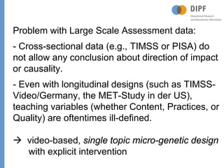 Page
Problem with Large Scale Assessment data:
- Cross-sectional data (e.g., TIMSS or PISA) do
not allow any conclusion about direction of impact
or causality.
- Even with longitudinal designs (such as TIMSS-
Video/Germany, the MET-Study in der US),
teaching variables (whether Content, Practices, or
Quality) are oftentimes ill-defined.
 video-based, single topic micro-genetic design
with explicit intervention
 