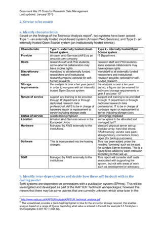 Document title: IT Costs for Research Data Management
Last updated: January 2013

2. Service to be costed


a. Identify characteristics
Based on the findings of the Technical Analysis report4, two systems have been costed:
Type 1 - an externally hosted cloud-based system (Amazon Web Services); and Type 2 - an
internally hosted Open Source system (an institutionally hosted service).

    Characteristic          Type 1 - externally hosted cloud-           Type 2 - internally hosted Open
                            based system                                Source system
    Provider                Amazon Web Services (AWS) is an             IT Department
                            amazon.com company
    Users                   research staff and PhD students;            research staff and PhD students;
                            some external collaborators may             some external collaborators may
                            have access rights                          have access rights
    Discretionary           mandated to all externally funded           mandated to all externally funded
    nature                  researchers and institutional               researchers and institutional
                            research projects; optional for self-       research projects; optional for self-
                            funded research                             funded research
    Storage                 the analysis is over a ten year period      the analysis is over a ten year
    requirements            in order to compare with an internally      period; a figure can be entered for
                            hosted Open Source system                   estimated storage requirements in
                                                                        year 1 and year 105
    Nature of service       support and training to be provided         support and training to be provided
                            through IT department or through            through IT department or through
                            dedicated research data                     dedicated research data
                            professional; AWS to be in charge of        professional; IT to be in charge of
                            hardware repair or replacement to           hardware repair or replacement to
                            server including storage costs              server including storage costs
    Status of service       (established) proposed                      (emerging) proposed
    Location                Amazon Web Services server in the           server space to be allocated and
                            European Union                              managed by IT
    Hardware                Managed by AWS externally to the            standard physical server set-up:
                            institutions.                               modular array; hard disk drives;
                                                                        RAM memory; vendor care pack;
                                                                        storage library; connectors; library
                                                                        tapes (for backup purposes).
    Software                This is incorporated into the hosting       This has been added under the
                            charges.                                    heading 'licensing' such as the cost
                                                                        for Window Server licences. This is a
                                                                        figure to be added by each institution
                                                                        according to their set-up.
    Staff                   Managed by AWS externally to the            This report will consider staff costs
                            institutions.                               associated with supporting the
                                                                        system, but not with areas of work
                                                                        such as development or advocacy.


b. Identify inter-dependencies and decide how these will be dealt with in the
costing model
Both systems are dependent on connections with a publication system (EPrints). This will be
investigated and developed as part of the KAPTUR Technical workpackages; however this
means that there may be some queries that are currently unknown which arise later in the

4
 http://www.vads.ac.uk/KAPTUR/outputs/KAPTUR_technical_analysis.pdf
5
  The spreadsheet provides a blank field highlighted in blue for the amount of storage required, this enables
analysis based on a range of figures depending what value is entered in the cell, for example 0.5 Terabytes =
512 Gigabytes; 0.001 Tb = 1.024 Gb.
 