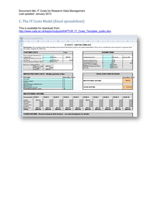 Document title: IT Costs for Research Data Management
Last updated: January 2013

C. The IT Costs Model (Excel spreadsheet)
This is available for download from:
http://www.vads.ac.uk/kaptur/outputs/KAPTUR_IT_Costs_Template_public.xlsx
 